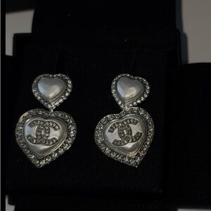 Very Rare Chanel White Double Heart Drop Earrings with Crystal Accents